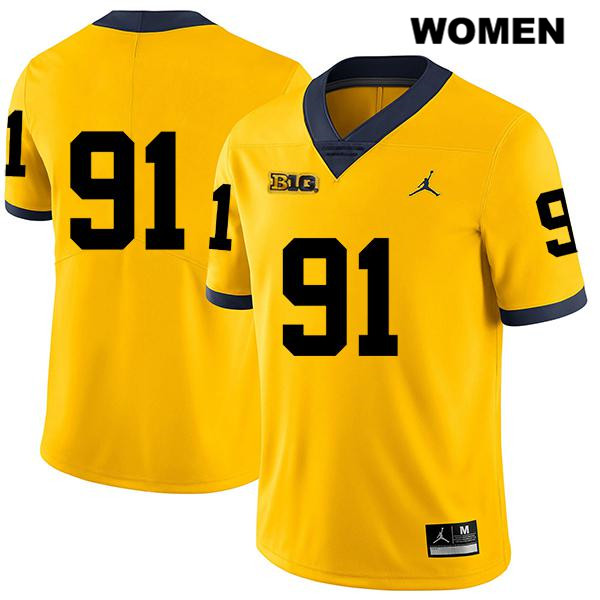 Women's NCAA Michigan Wolverines Taylor Upshaw #91 No Name Yellow Jordan Brand Authentic Stitched Legend Football College Jersey TV25Z62XK